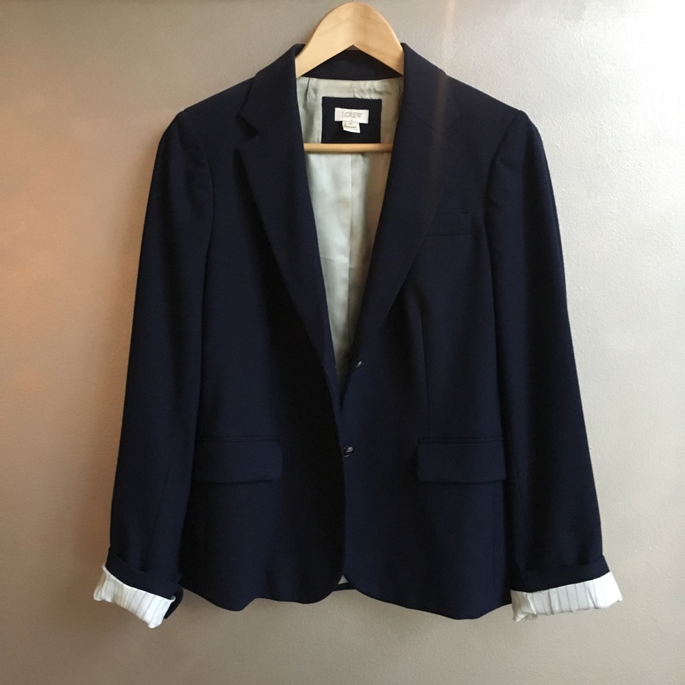 J Crew Navy Blazer Wool Blend Leather Buttons